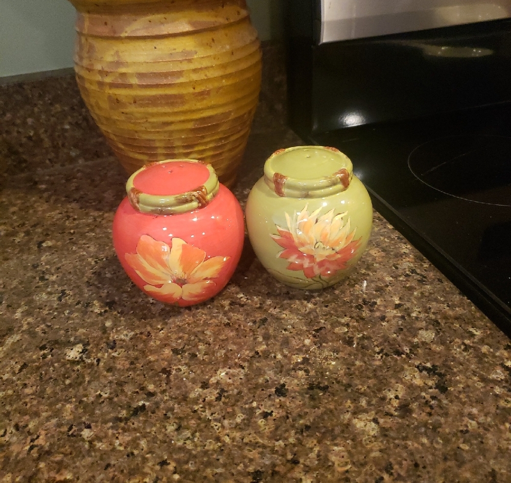 Raymond Waites Floral China Salt & Pepper Shakers - Coral and Sage - 4" Tall